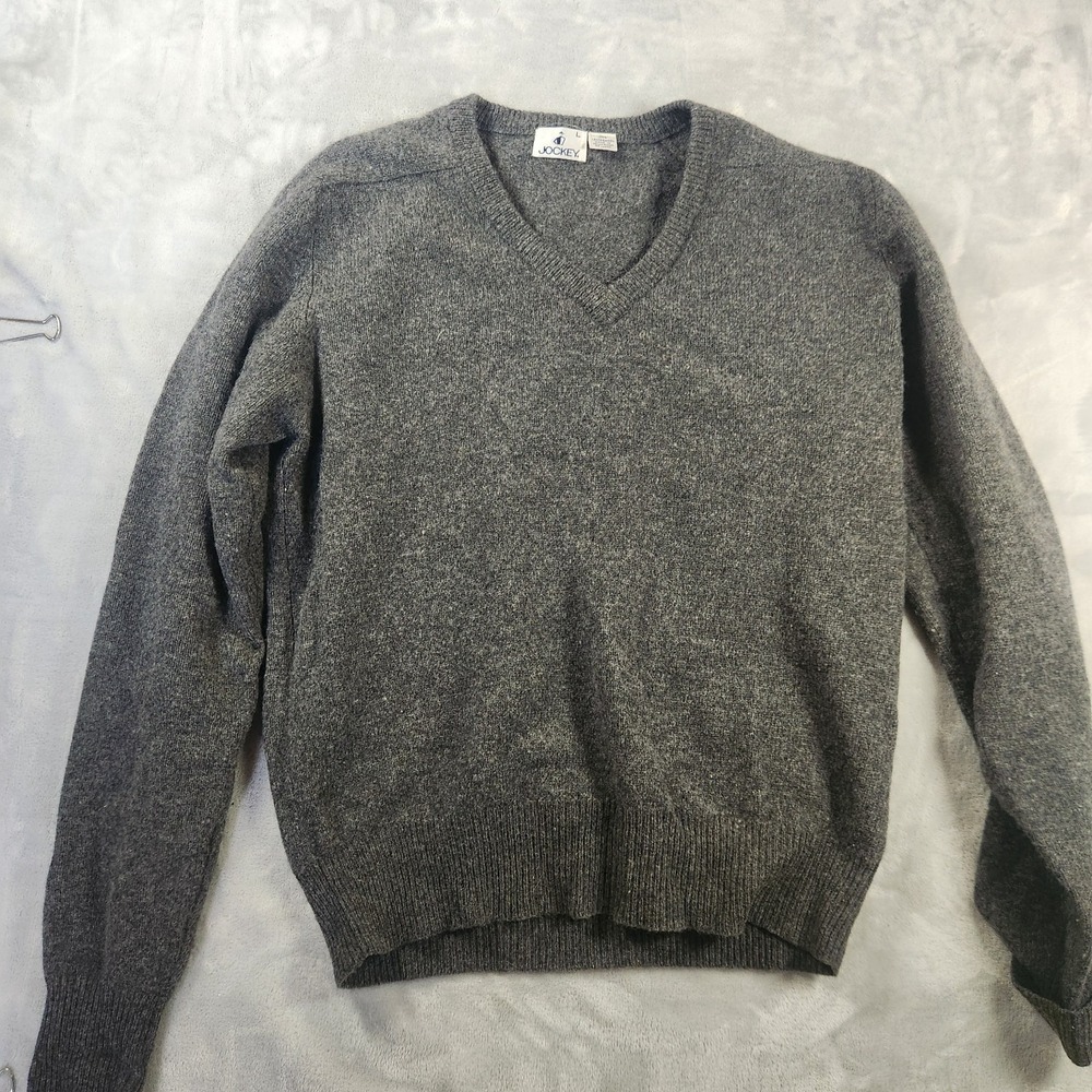 Vintage 90s Jockey 100% Lambswool Pullover V-Neck Sweater Gray Men's L